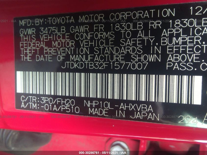 2015 TOYOTA PRIUS C ONE/TWO/THREE/FOUR JTDKDTB32F1577007