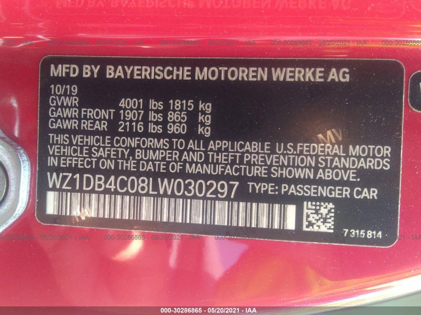 2020 TOYOTA GR SUPRA 3.0 WZ1DB4C08LW030297