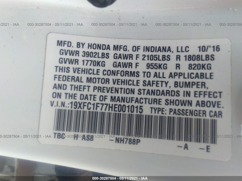 2017 HONDA CIVIC SEDAN EX-L 19XFC1F77HE001015