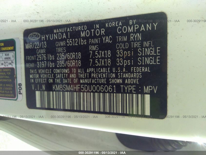 2013 HYUNDAI SANTA FE GLS KM8SM4HF5DU006061