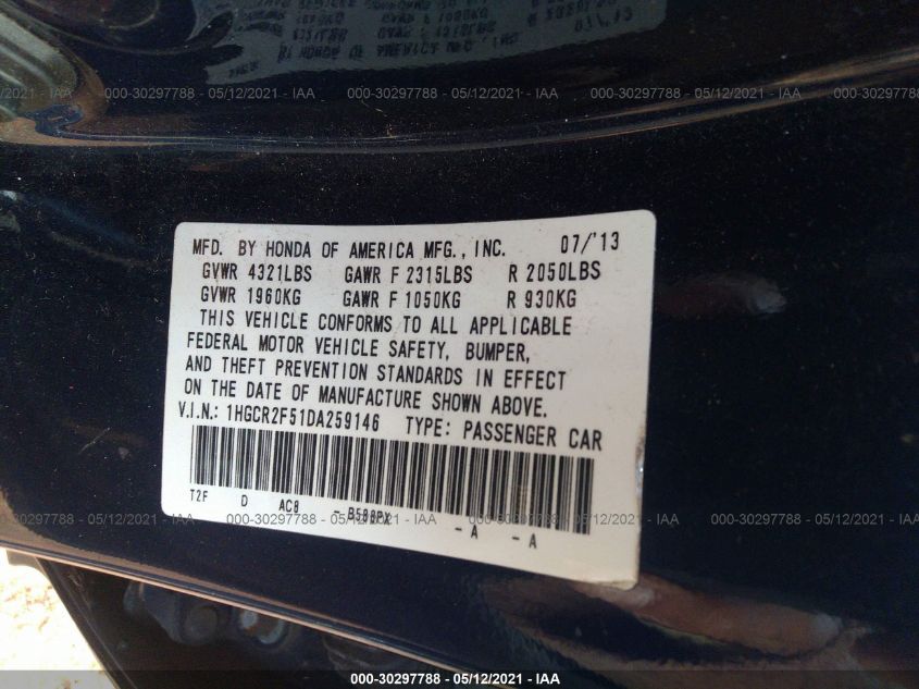 2013 HONDA ACCORD SDN SPORT 1HGCR2F51DA259146