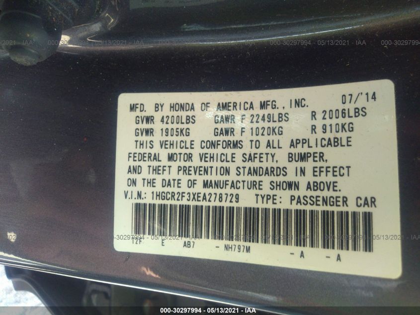 2014 HONDA ACCORD LX - 1HGCR2F3XEA278729