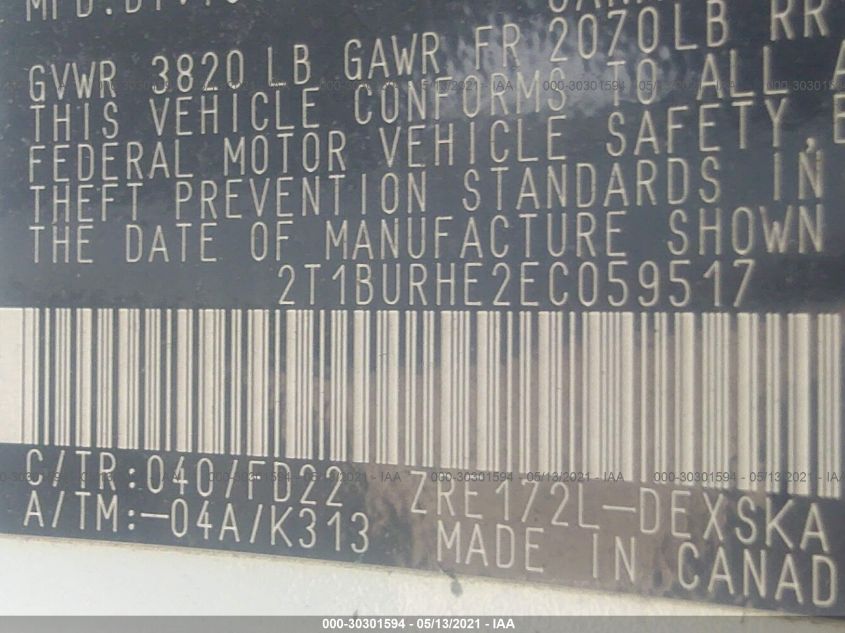 2014 TOYOTA COROLLA S 2T1BURHE2EC059517