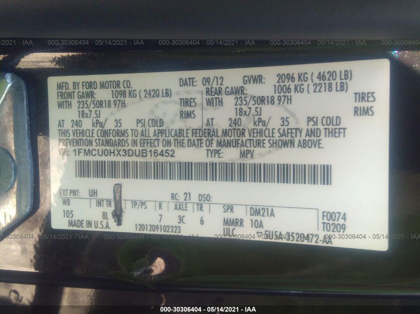 2013 FORD ESCAPE SEL 1FMCU0HX3DUB16452