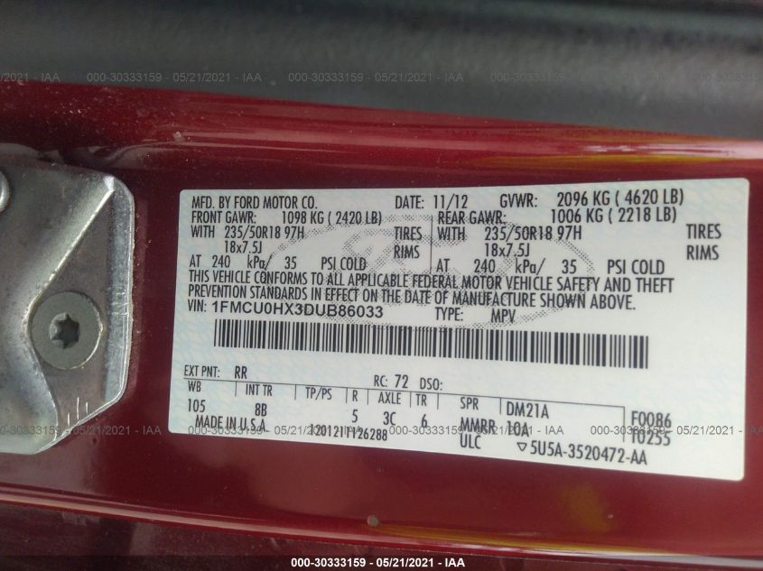 2013 FORD ESCAPE SEL 1FMCU0HX3DUB86033