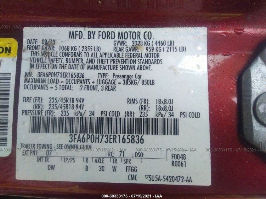 2014 FORD FUSION SE 3FA6P0H73ER165836