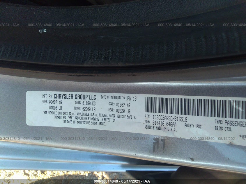 2013 DODGE AVENGER VIN: 1C3CDZAG9DN616519