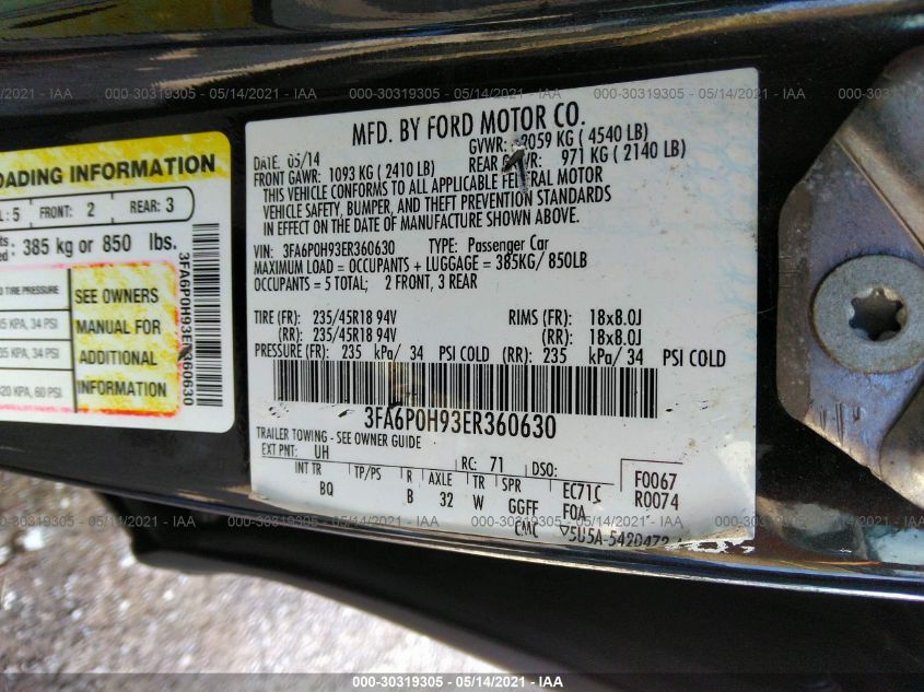 2014 FORD FUSION SE 3FA6P0H93ER360630
