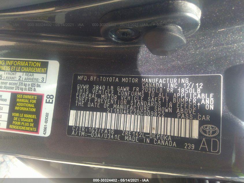 2013 TOYOTA COROLLA L/LE/S 2T1BU4EE2DC009822