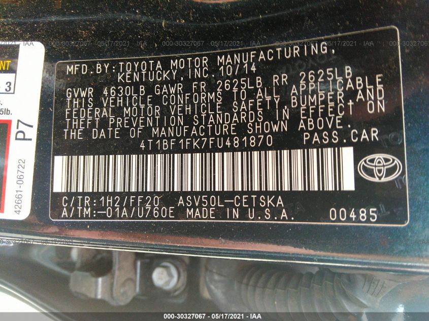 2015 TOYOTA CAMRY SE 4T1BF1FK7FU481870