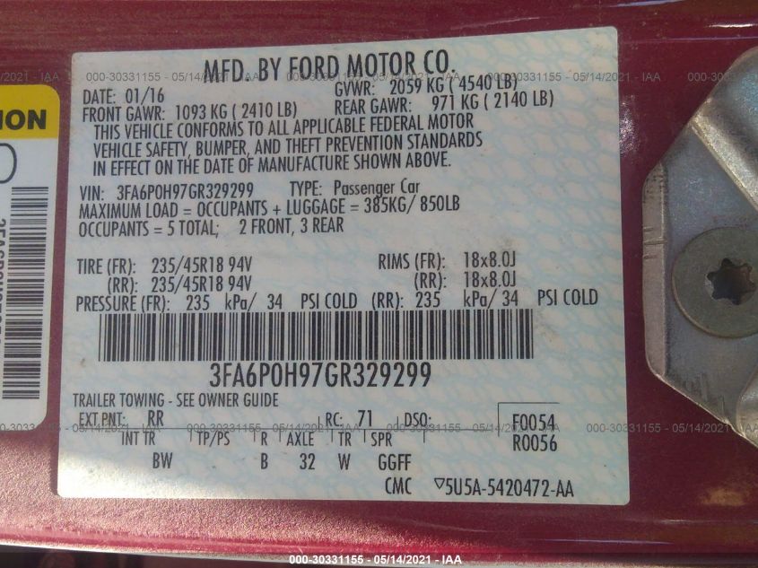 2016 FORD FUSION SE 3FA6P0H97GR329299