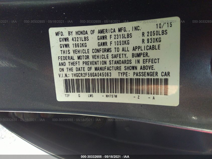 2016 HONDA ACCORD SEDAN SPORT 1HGCR2F56GA045063