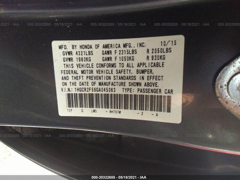 2016 HONDA ACCORD SEDAN SPORT 1HGCR2F56GA045063