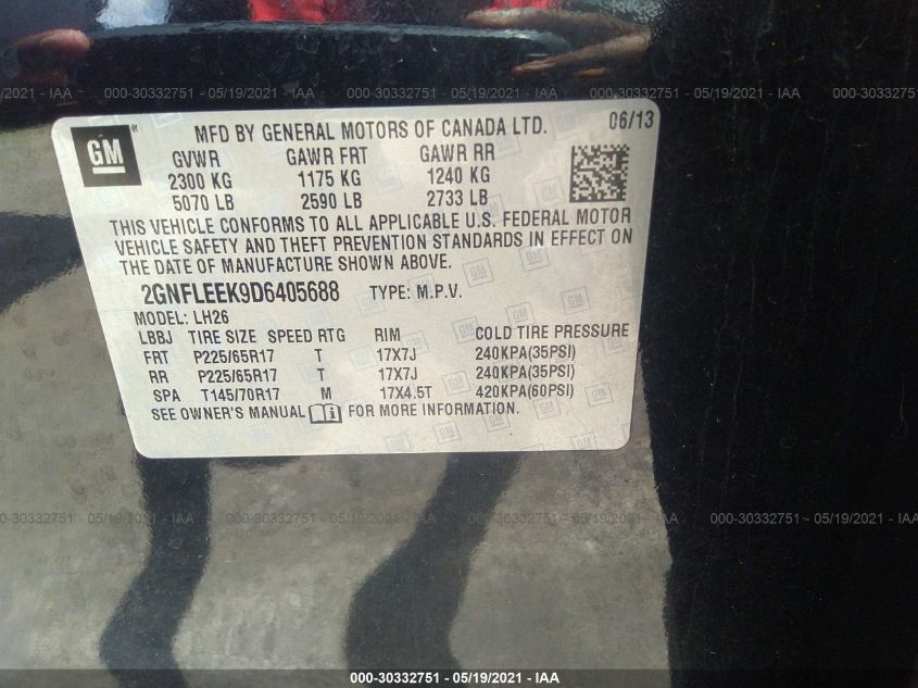 2013 CHEVROLET EQUINOX LT 2GNFLEEK9D6405688