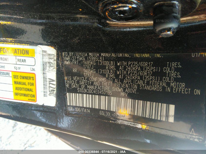 2014 TOYOTA SIENNA L 5TDZK3DC4ES450195