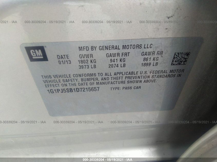2013 CHEVROLET CRUZE ECO 1G1PJ5SB1D7215657
