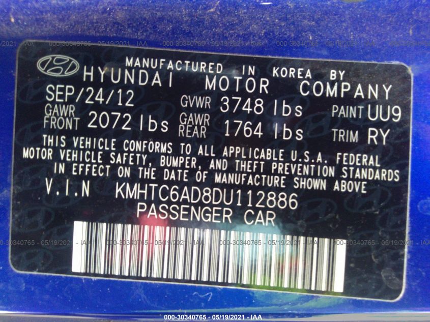 2013 HYUNDAI VELOSTER W/BLACK INT KMHTC6AD8DU112886
