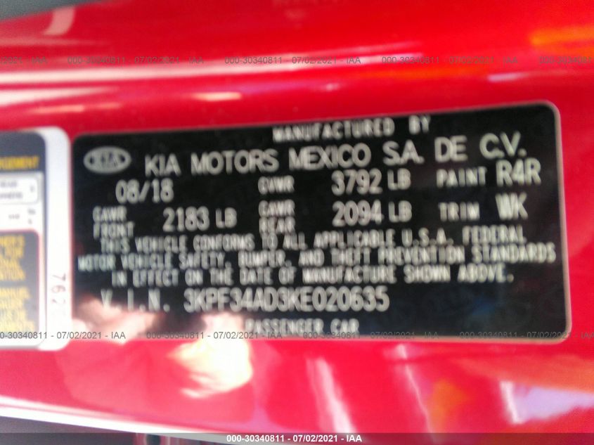 2019 KIA FORTE S 3KPF34AD3KE020635