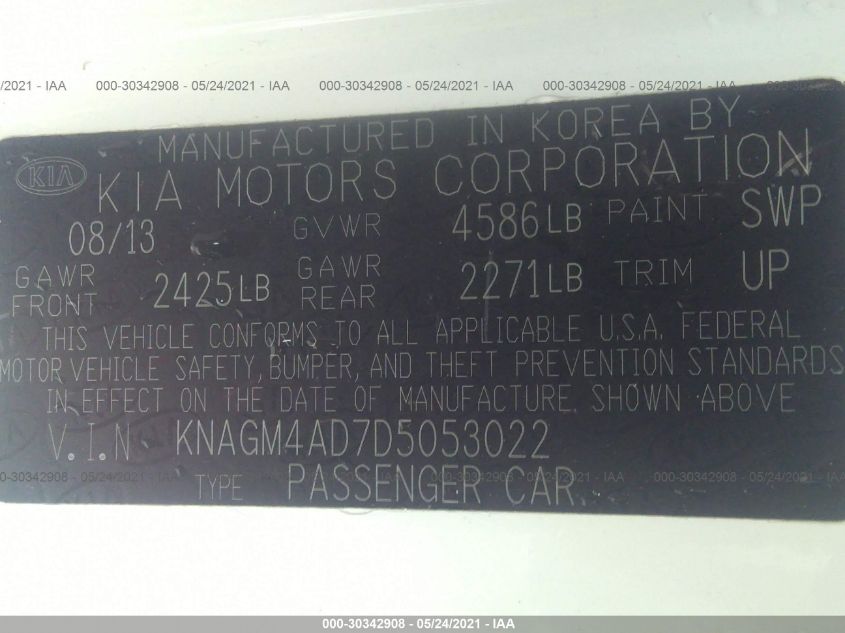 2013 KIA OPTIMA HYBRID EX KNAGM4AD7D5053022