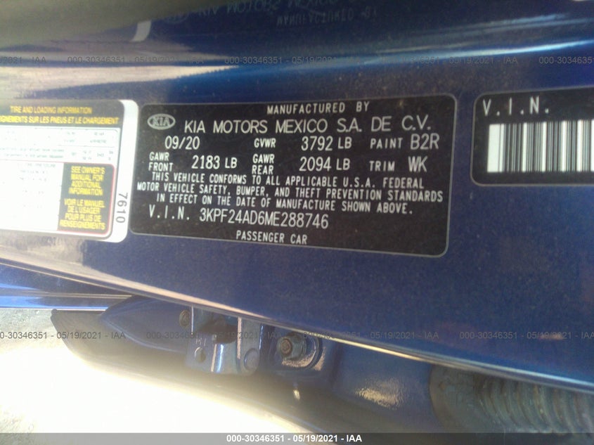 2021 KIA FORTE FE VIN: 3KPF24AD6ME288746