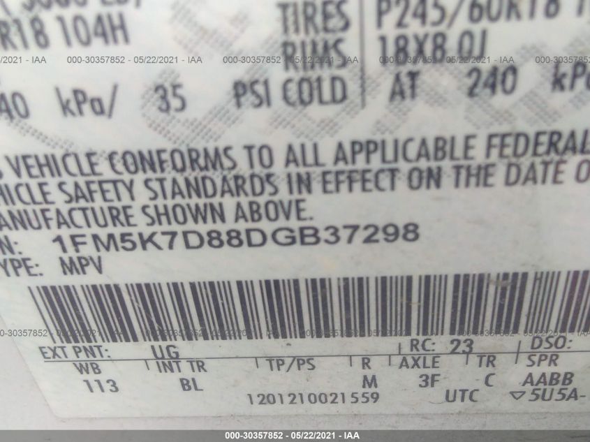 2013 FORD EXPLORER XLT 1FM5K7D88DGB37298
