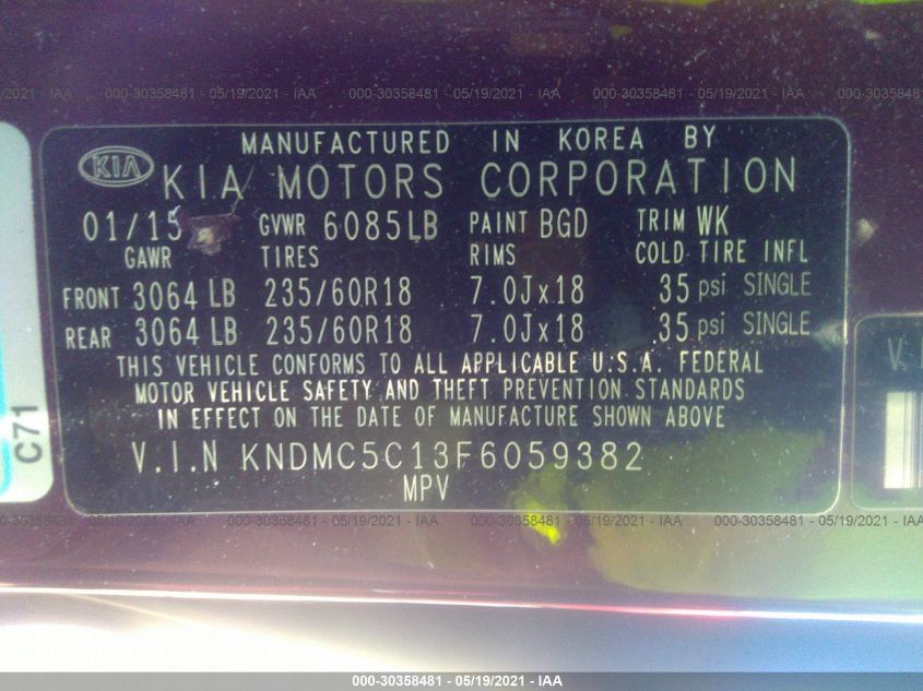 2015 KIA SEDONA EX KNDMC5C13F6059382