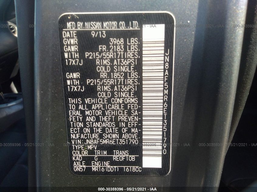 2014 NISSAN JUKE SL JN8AF5MR6ET351790
