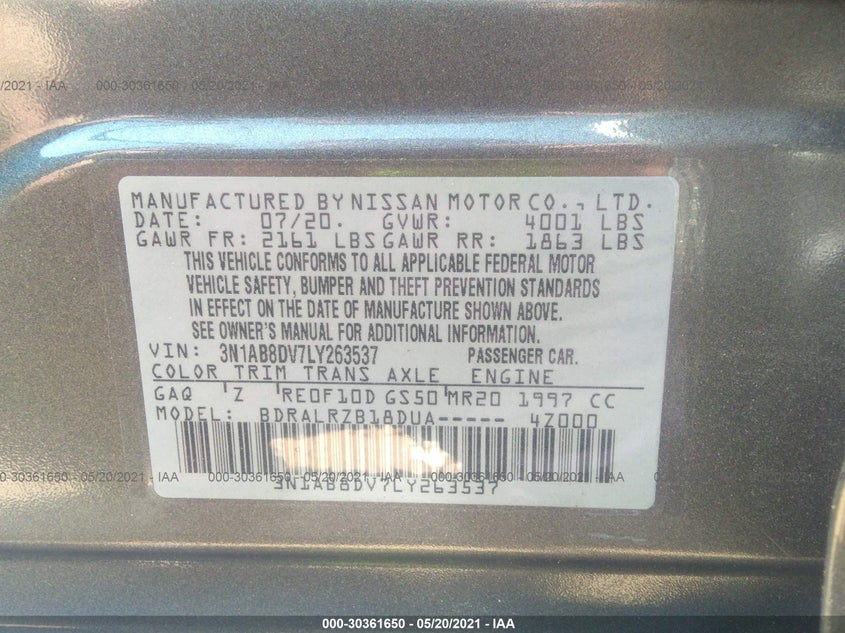 2020 NISSAN SENTRA VIN: 3N1AB8DV7LY263537