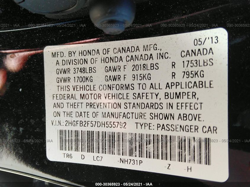 2013 HONDA CIVIC SDN LX 2HGFB2F57DH555792