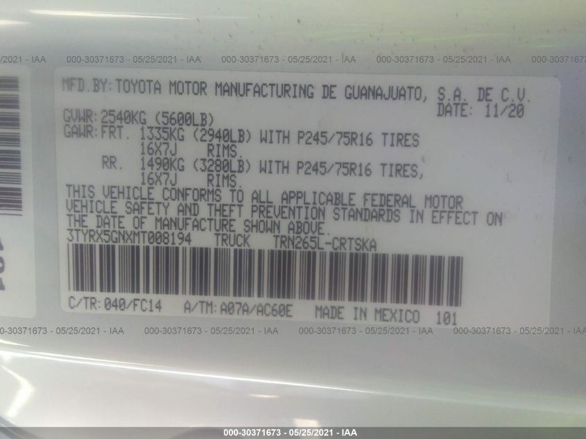 3TYRX5GNXMT008194 - 2021 Toyota Tacoma Sr5 - #null