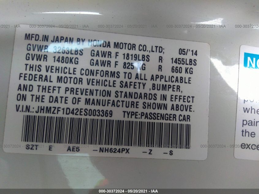 2014 HONDA CR-Z JHMZF1D42ES003369