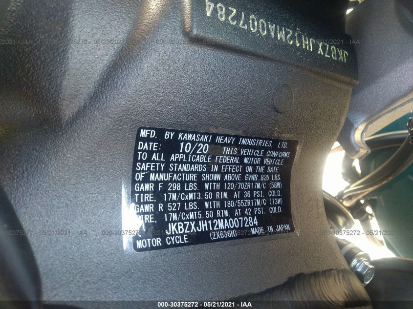 2021 KAWASAKI ZX636 K JKBZXJH12MA007284