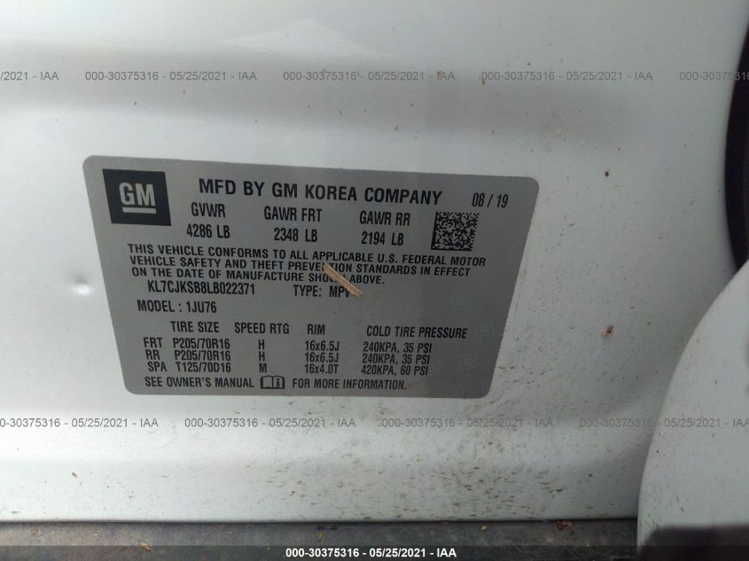 2020 CHEVROLET TRAX LS KL7CJKSB8LB022371