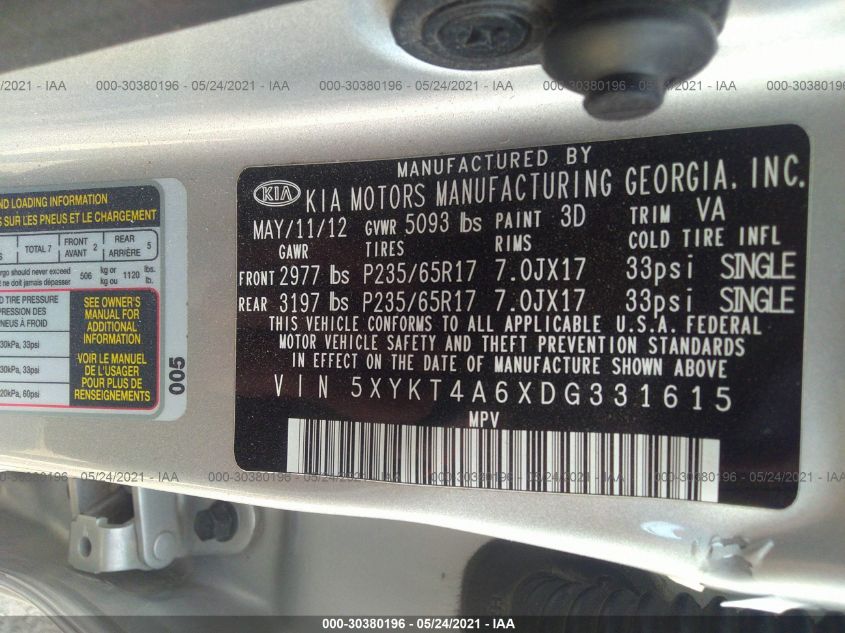 2013 KIA SORENTO LX 5XYKT4A6XDG331615