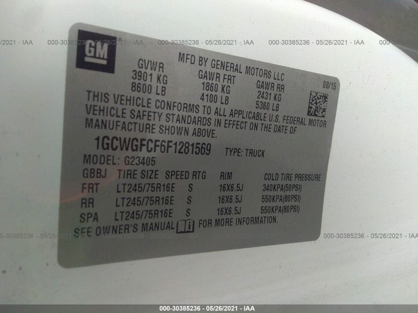 2015 CHEVROLET EXPRESS CARGO VAN 1GCWGFCF6F1281569