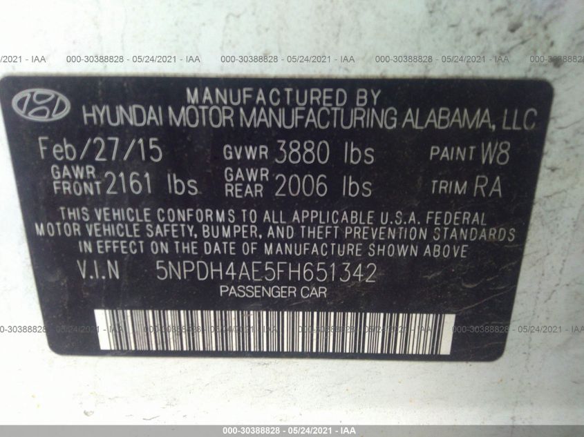 2015 HYUNDAI ELANTRA SE 5NPDH4AE5FH651342