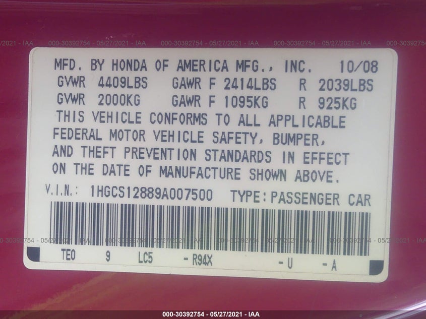 2009 HONDA ACCORD CPE VIN: 1HGCS12889A007500