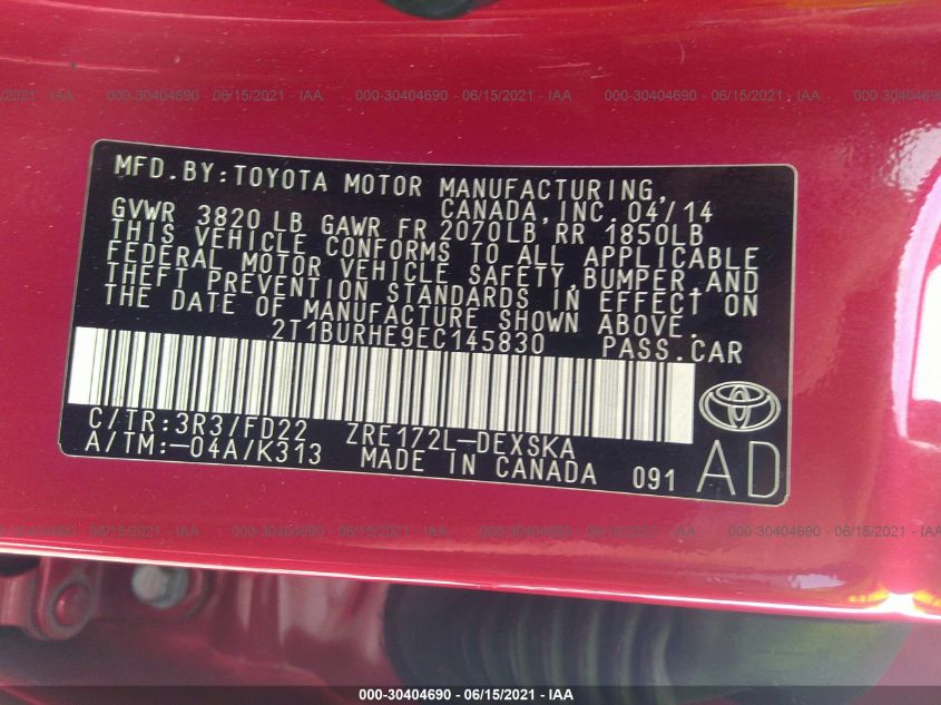 2014 TOYOTA COROLLA L/LE/S/S PLUS/LE PLUS 2T1BURHE9EC145830