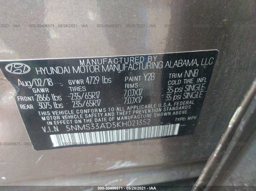 2019 HYUNDAI SANTA FE SEL 5NMS33AD5KH021352