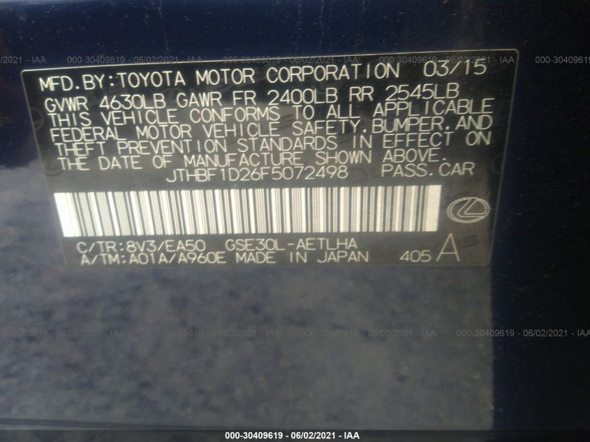 2015 LEXUS IS 250 JTHBF1D26F5072498