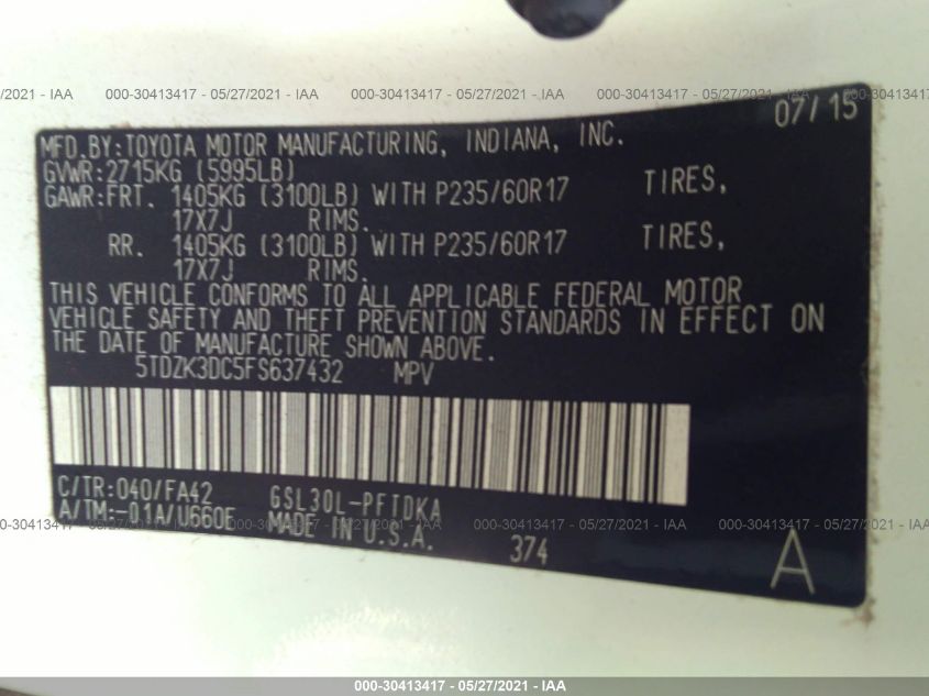 2015 TOYOTA SIENNA L 5TDZK3DC5FS637432
