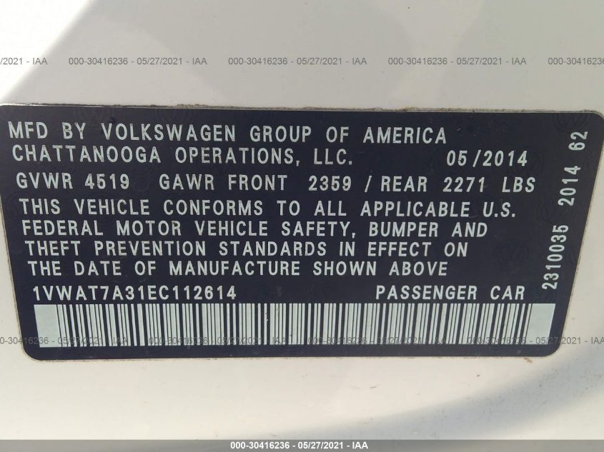 2014 VOLKSWAGEN PASSAT S 1VWAT7A31EC112614