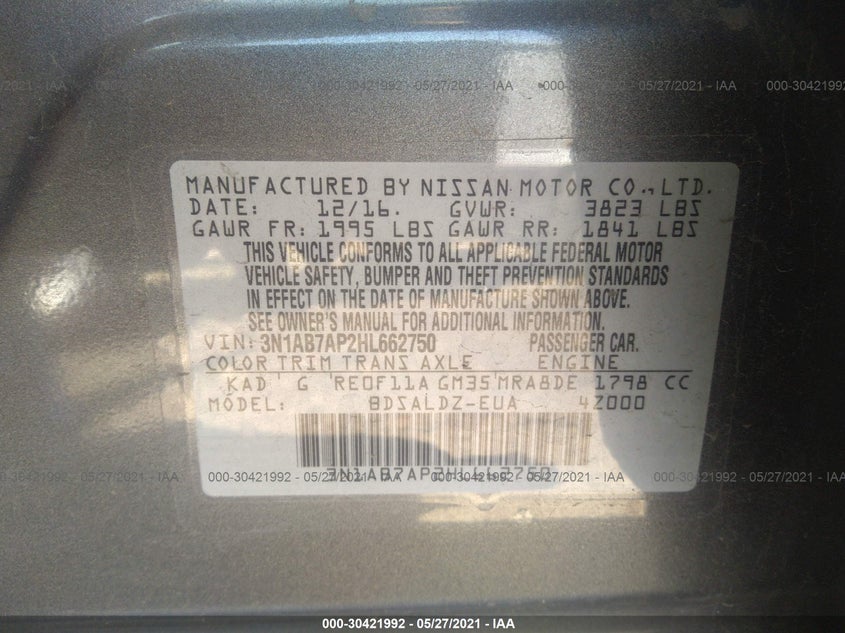 2017 NISSAN SENTRA VIN: 3N1AB7AP2HL662750