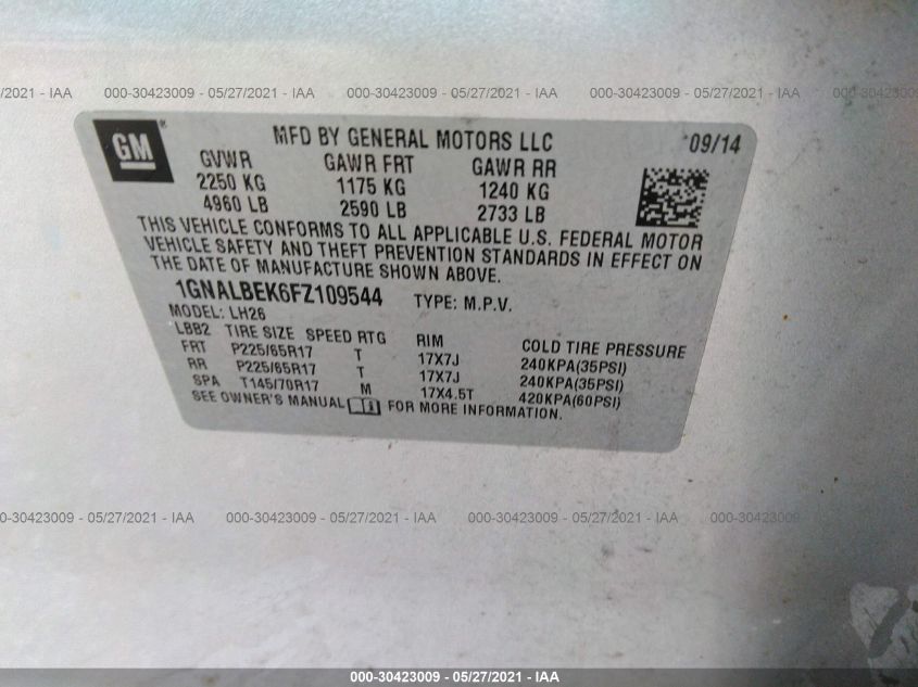 2015 CHEVROLET EQUINOX LT 1GNALBEK6FZ109544