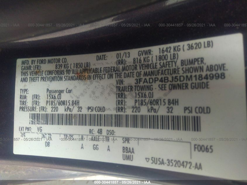 2013 FORD FIESTA SE 3FADP4BJ5DM184998