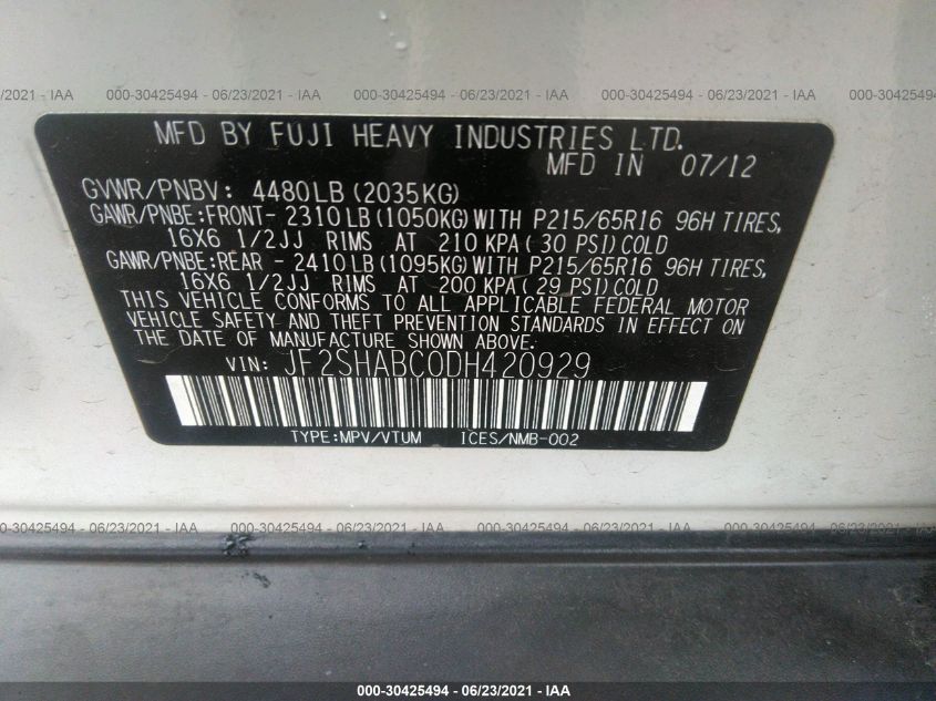 2013 SUBARU FORESTER 2.5X JF2SHABC0DH420929