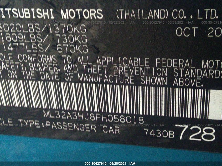 2015 MITSUBISHI MIRAGE DE/RF ML32A3HJ8FH058018