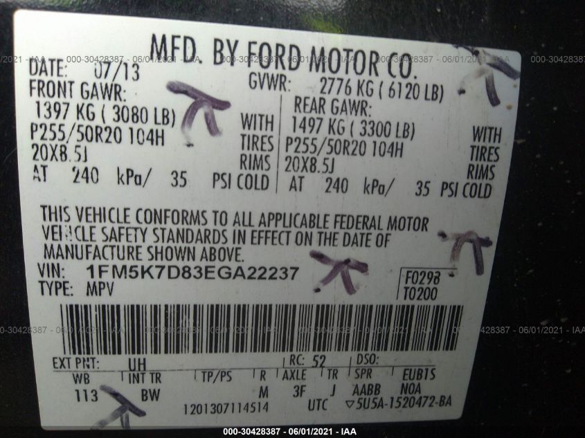 2014 FORD EXPLORER XLT 1FM5K7D83EGA22237