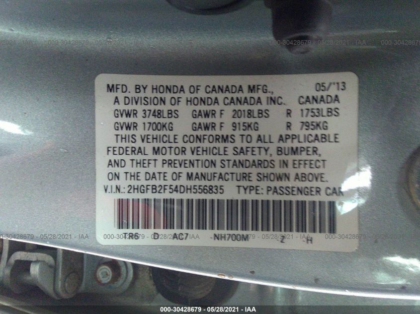 2013 HONDA CIVIC LX 2HGFB2F54DH556835