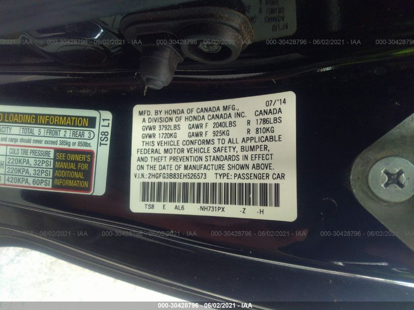 2014 HONDA CIVIC COUPE EX 2HGFG3B83EH526573